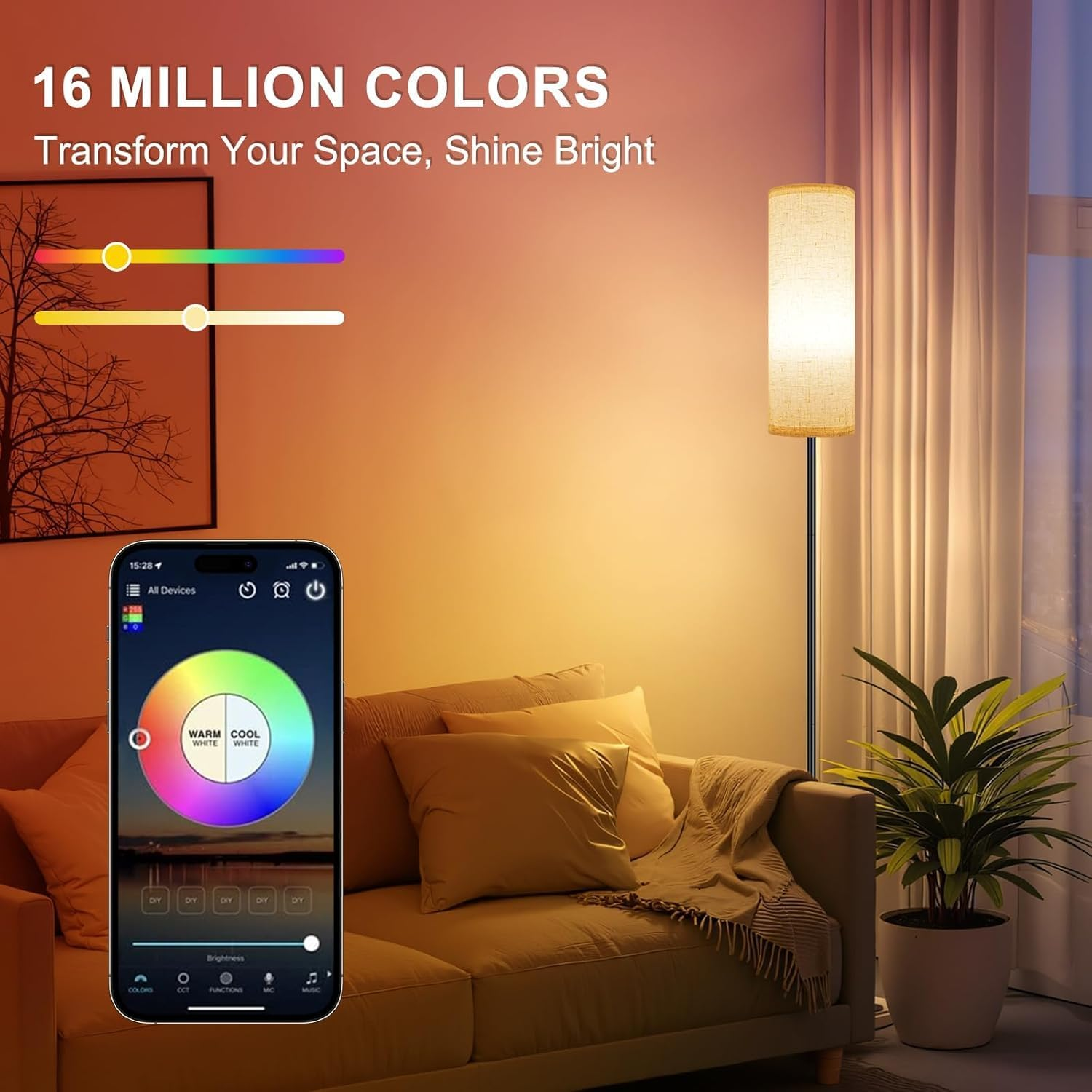 Floor Lamp 173Cm, RGB Smart LED Corner Lamps with Dimmable LED and 3 Color Temperatures, Remote & App Control, Tall Standing Lamp for Living Room Bedroom Office