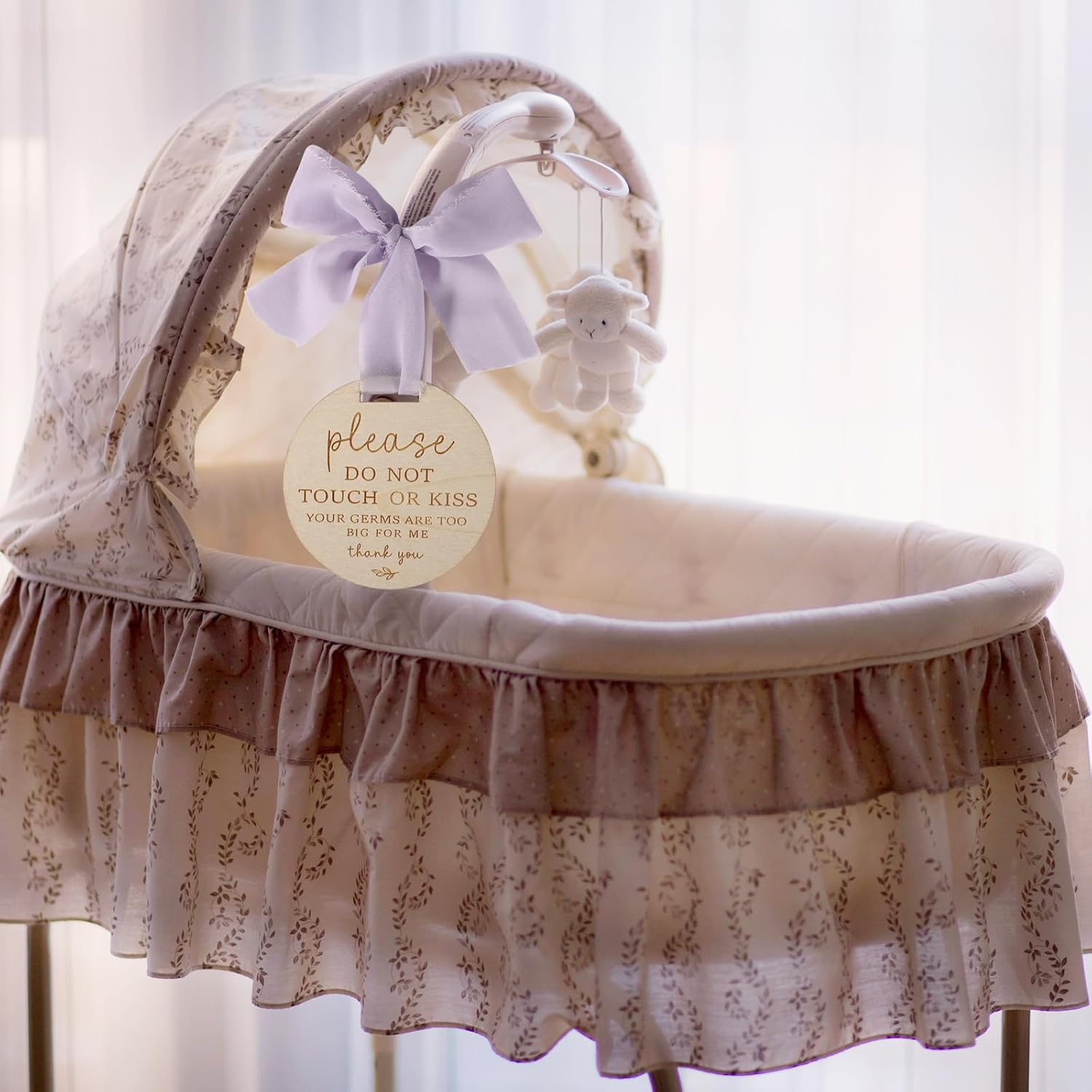 Please Do Not Touch or Kiss Baby Sign, Wooden Don'T Touch Baby Sign for Car Seat Baby Stroller Tag with Ribbon No Touching Baby Signage for Baby Newborn image number 1