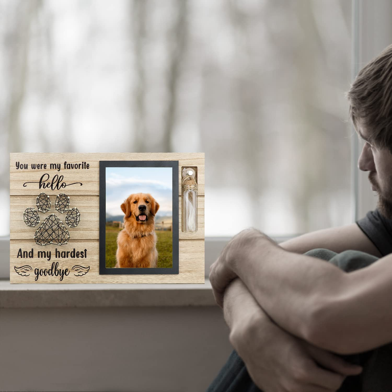Free-Space Pet Memorial Picture Frame with Small Glass Bottle for Ashes or Hair Dog Cat Loss Gift (Black) image number 2