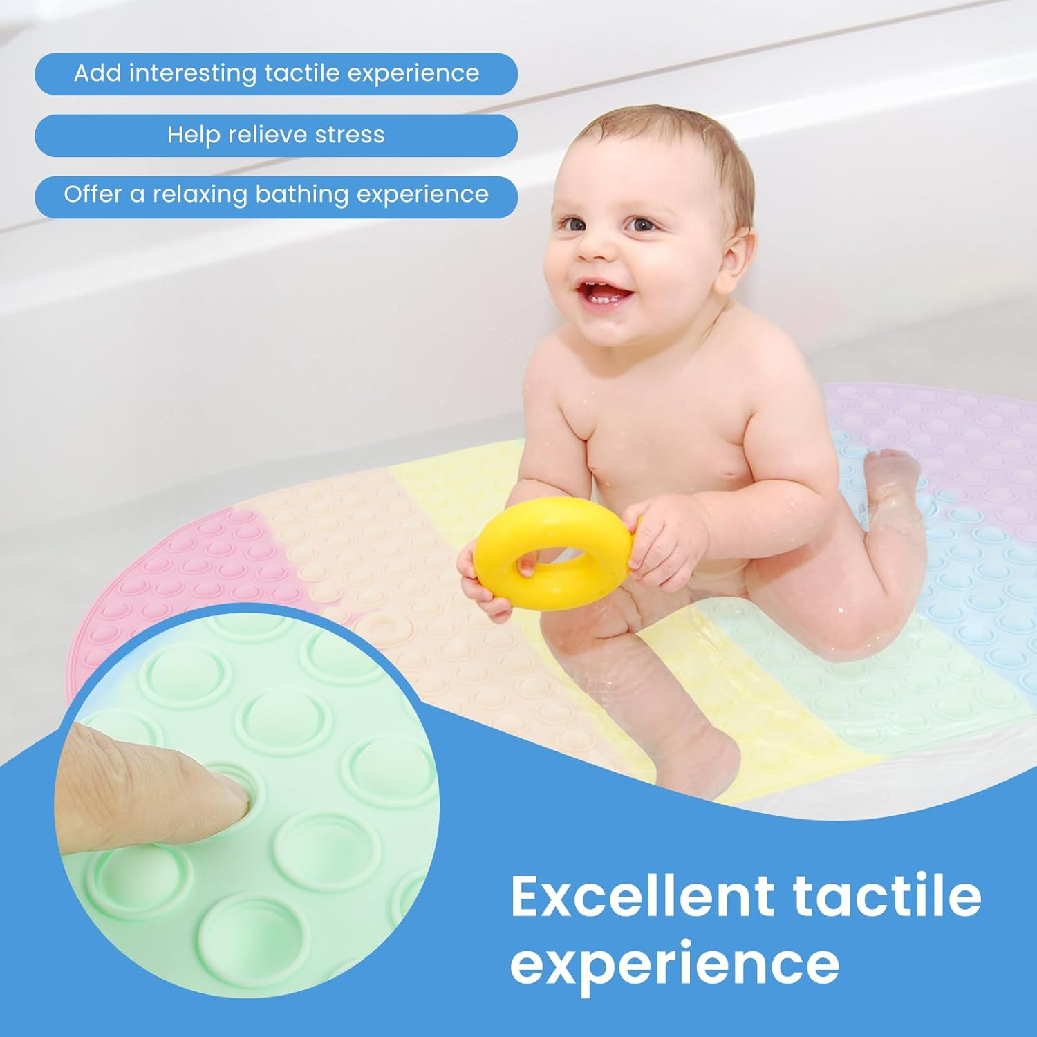 Baby Bath Mat for Tub Kids Non Slip 27"X15" Colourful Bathtub Mats with Push Bubbles & Suction Cups for Bathroom Shower Room (Colorful, 1Pc) image number 1