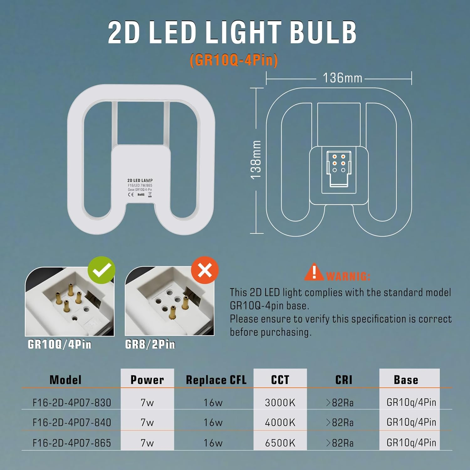 IHYCTV Gr10Q 4-Pin LED 2D Light 7 W, 1000 Lumen 6500 K Daylight White, [ECG/KVG Compatible] Direct Replacement for 16 W CFL, without Rewiring, IP20, for Commercial & Industrial (Pack of 1) image number 2