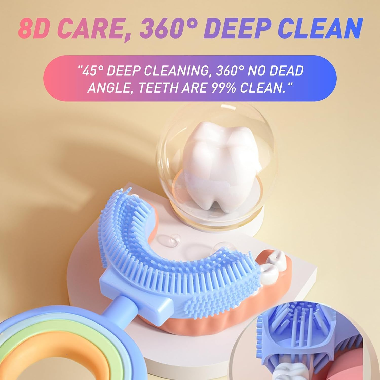 2 Pcs U Shaped Silicone Toothbrush for Kids Age 1-7 Years Extra Soft 360&deg; Teeth Cleaning Toddler Toothbrush for Sensitive Gums Easy Grip Handle Pink Blue image number 3