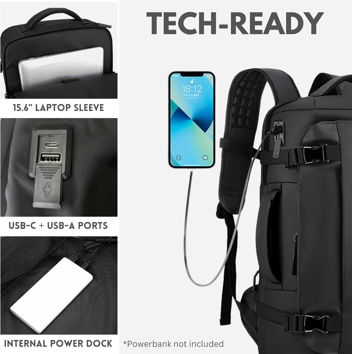 Laptop Backpack,Travel Laptop,Waterproof with Large Shoe Compartment, Side-Open Design, USB-C Charging Port, Anti-Theft for Men & Women, Travel, Hiking, School, Laptop Work Bag, 15 Inch. image number 4