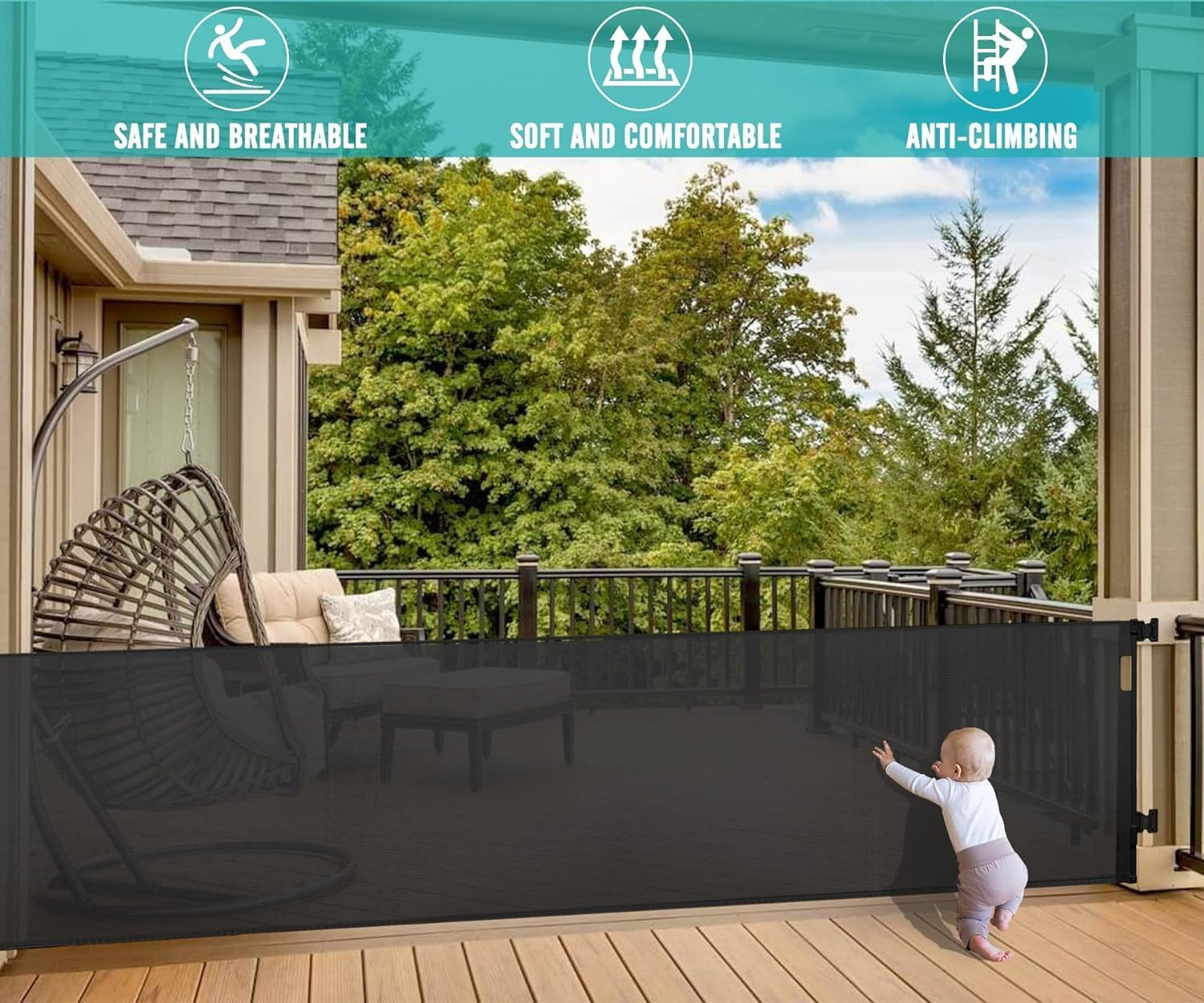 Retractable Baby Gate Retractable Driveway Gate 33" High Extends to 118" Wide Baby Gate Stairs Doorways Indoor Retractables Gates Outdoor Extra Wide for Enhanced Safety Mesh Gates(86Cmx300Cm, Black) image number 6