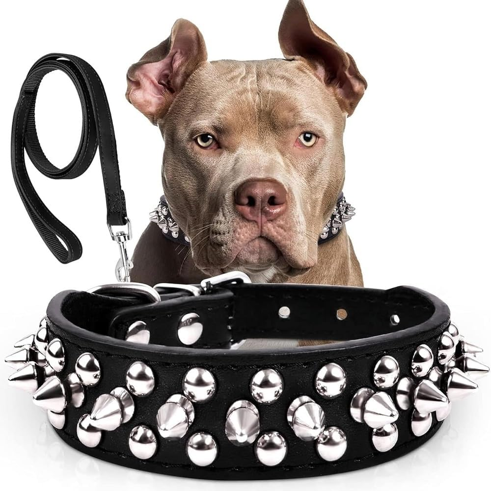 Upgraded Version Spiked Studded Leather Dog Collar with Leash, Rivet PU Leather Dog Collars for Pit Bull, Durable Leather Cat Collar Spiked Studded for Small Medium Large Pet (Black, M) image number 2