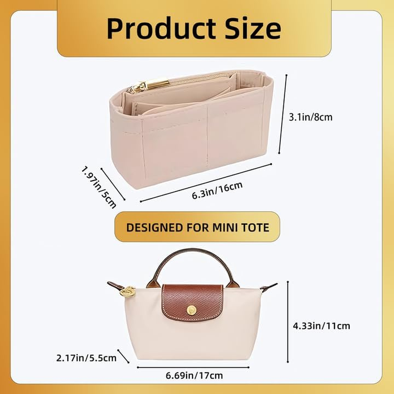 Bag Organiser Insert for Longchamp Mini Bag &ndash; Felt Purse Organiser with Multi-Pockets for Small Tote/Handbag &ndash; Keep Neat Tidy (Beige, 16X8X5Cm) (Beige) image number 4