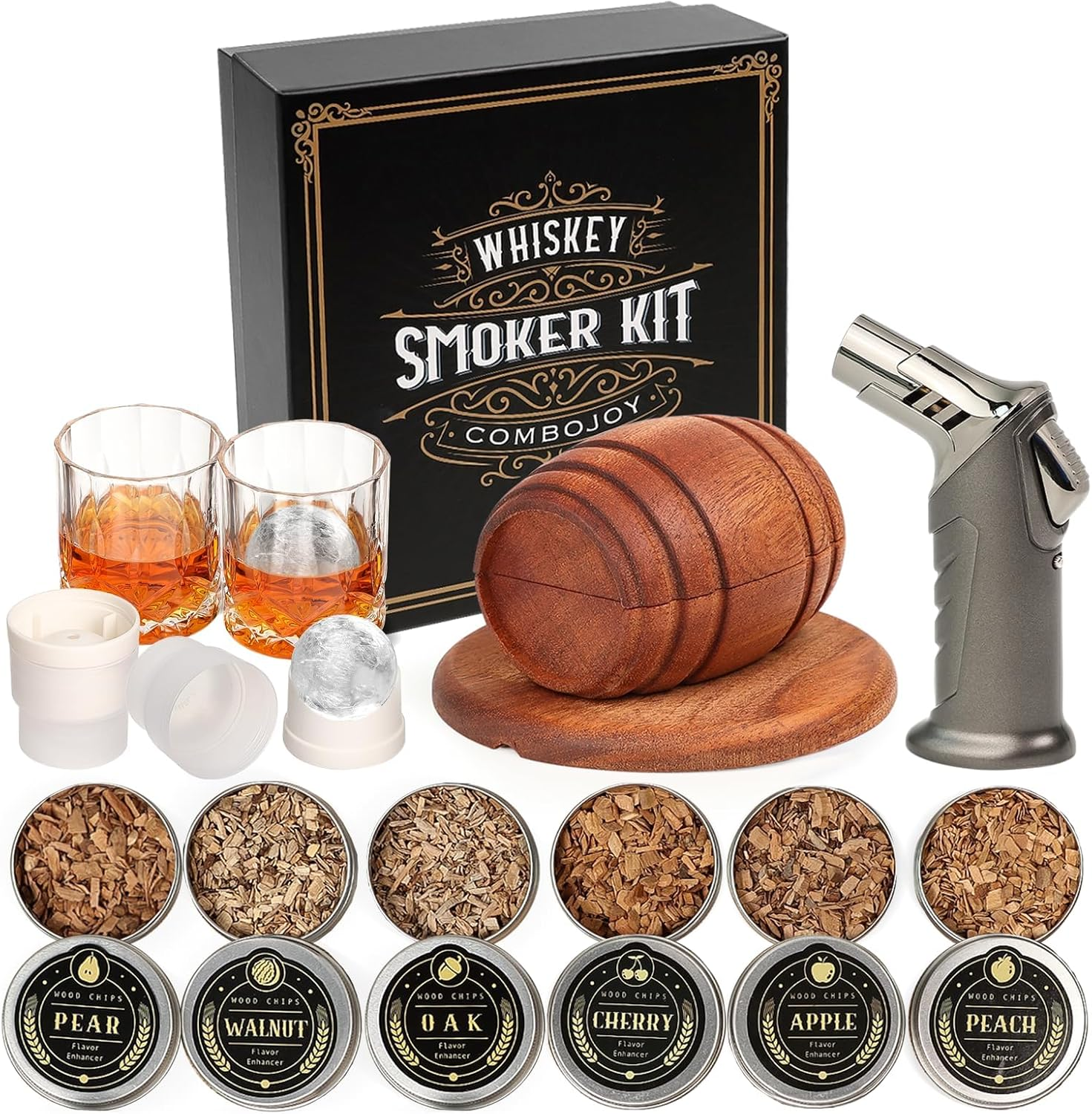Whiskey Smoker Kit with Torch - 6 Flavors Wood Chips, 2 Glasses, 2 Ice Ball Molds - Cocktail Smoker Infuser Kit, Old Fashioned Drink Smoker Kit, Birthday Bourbon Whiskey Gifts for Men,Dad(No Butane) image number 6