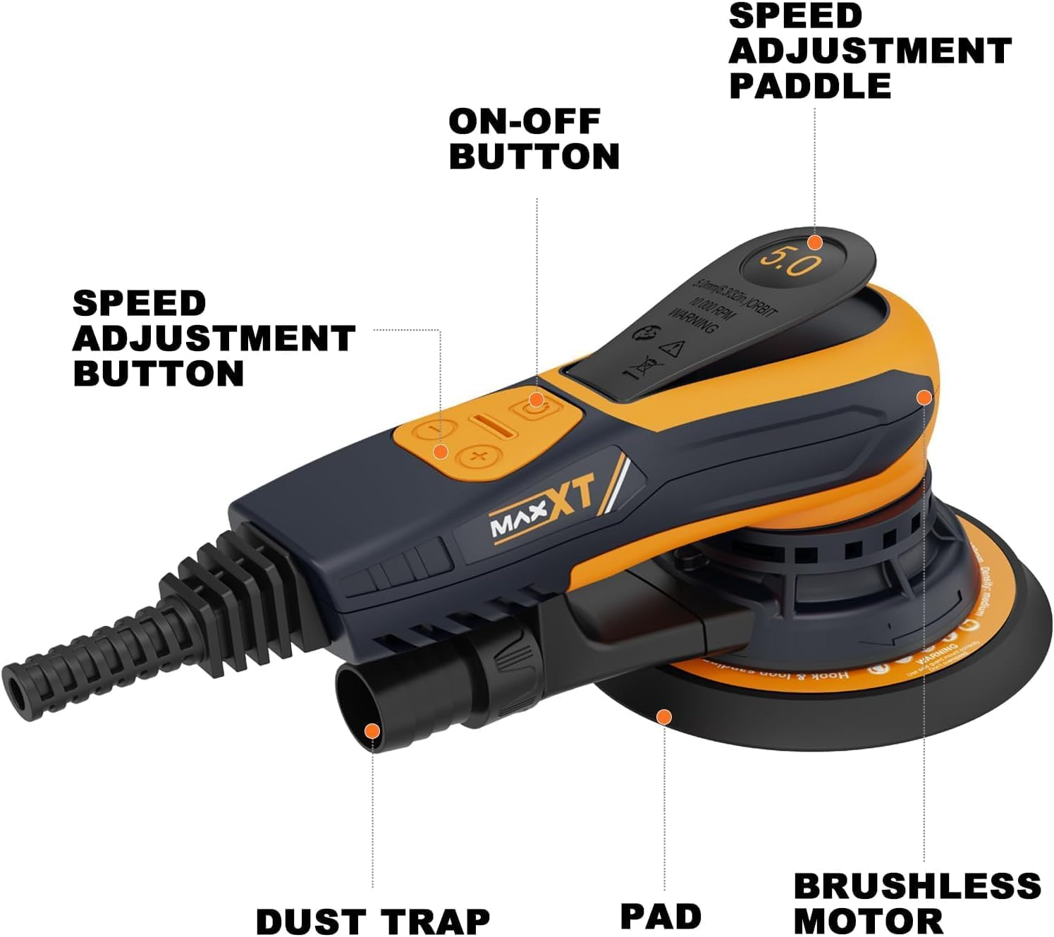 MAXXT Electric 5Mm Random Orbital Sander, Palm Sander with Brushless Motor, 5&6Inch Sanding Pads, with Tool Case image number 2