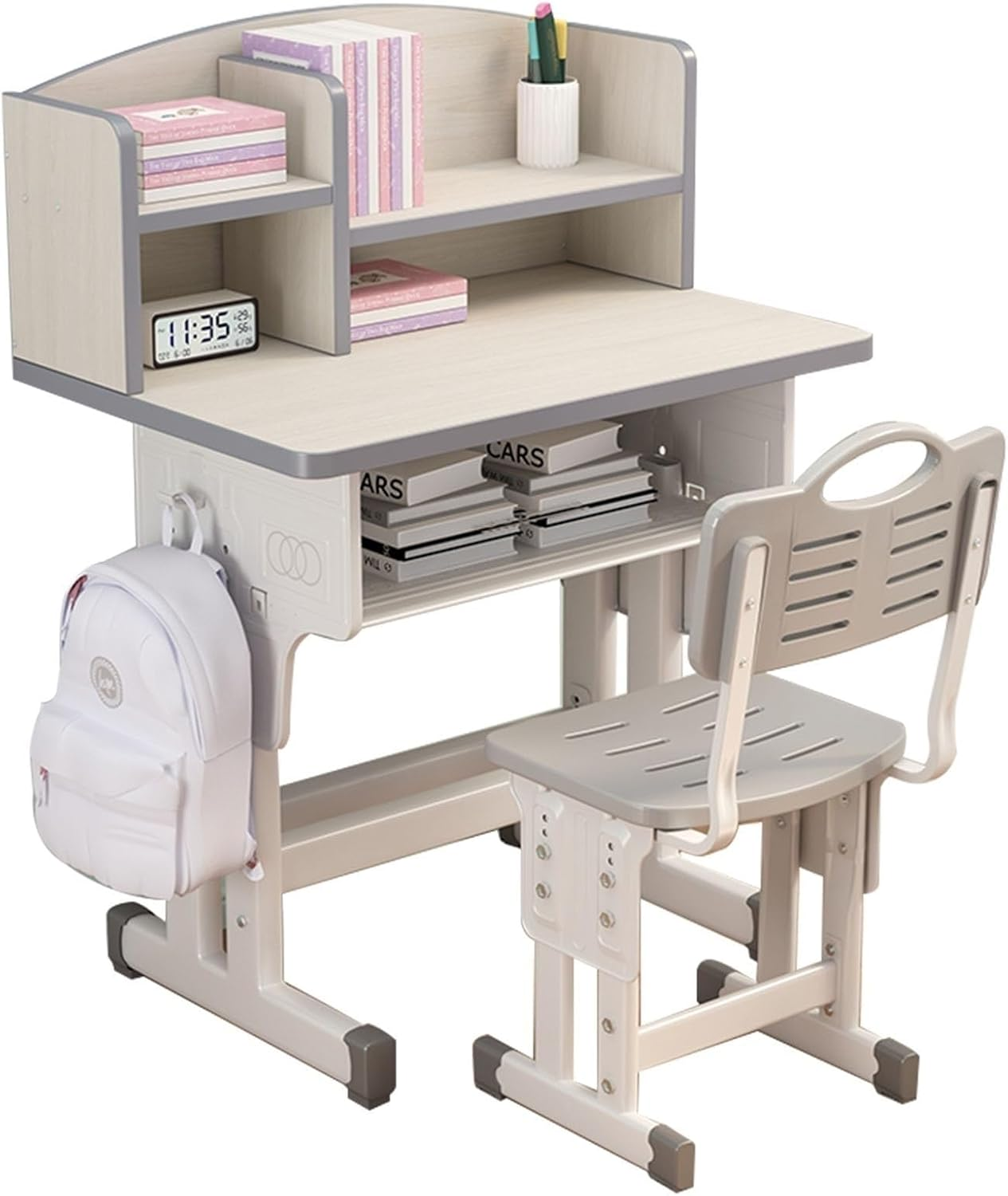 Kids' Study Desk Chair Sets, Adjustable Height, Ergonomic Design, with Large Storage Drawer and Bookshelf, Grey, for Bedroom