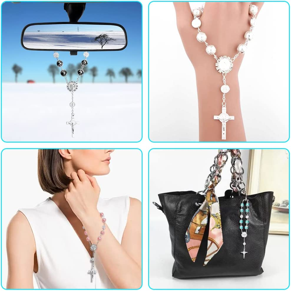 4 Pcs Rosary Beads Catholic, Finegood Cross Car Mirror Hanging Accessories Blessing Auto Rear View Mirror Pendant Car Decor Interior image number 5