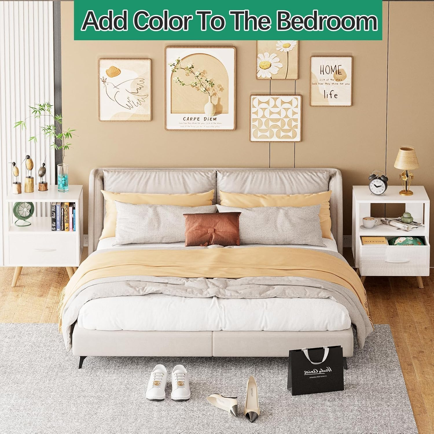 Aboxoo Night Stand, White Kids Nightstand with Drawer, Nursery Side Table with Open Storage, 2-Tier Modern End Table, Bedside Table for Small Space, Living Room, Bedroom