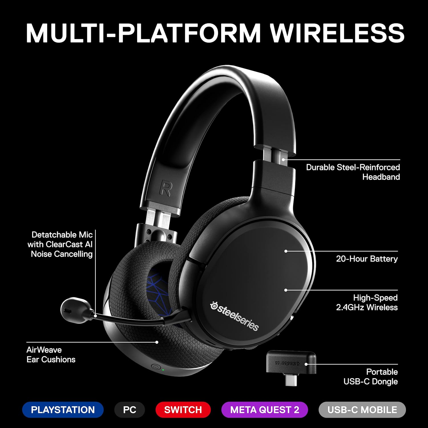 Steelseries Arctis 1 Wireless Gaming Headset for Playstation &ndash; USB-C Wireless &ndash; Detachable Clearcast Microphone &ndash; for PS5, PS4, PC, Nintendo Switch, Android &ndash; Black image number 7