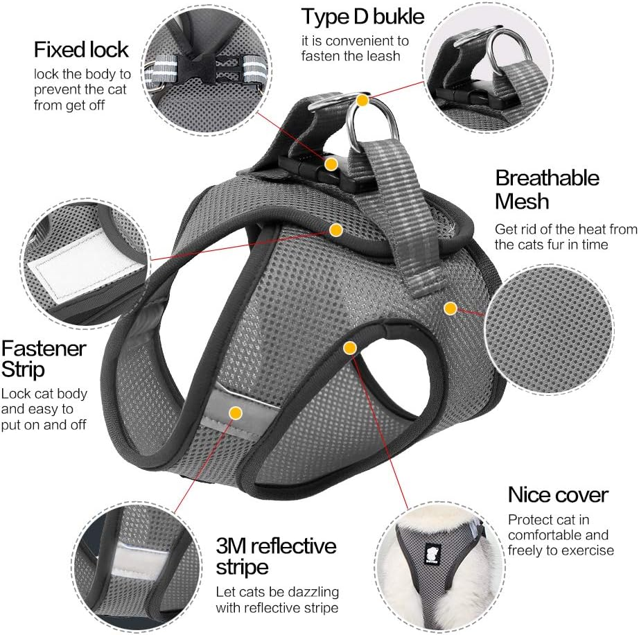 Dotoner Cat Outdoor Walking Harness Set, Pet Vest Cat Harness Breathable Mesh, Adjustable Reflective Cat Chest Straps with Escape Proof Buckle (L (Pack of 1), Grey) image number 4