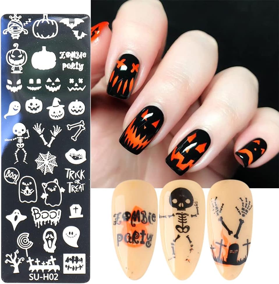 Halloween Nail Art Stamping Plates, 6 PCS Halloween Nail Stamper Kit Horror Ghost Skull Pumpkin Spider Witch Nail Art Stencils Plates Halloween Holiday Party Manicure Template Design Tool
