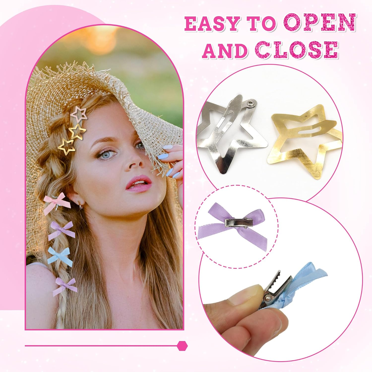 25 PCS Small Hair Bows, 30 PCS No Slip Star Hair Clips, Cute Bow Hair Clips for Women, Metal Star and Satin Bow Barrettes for Hair Decor (Colorful) image number 6