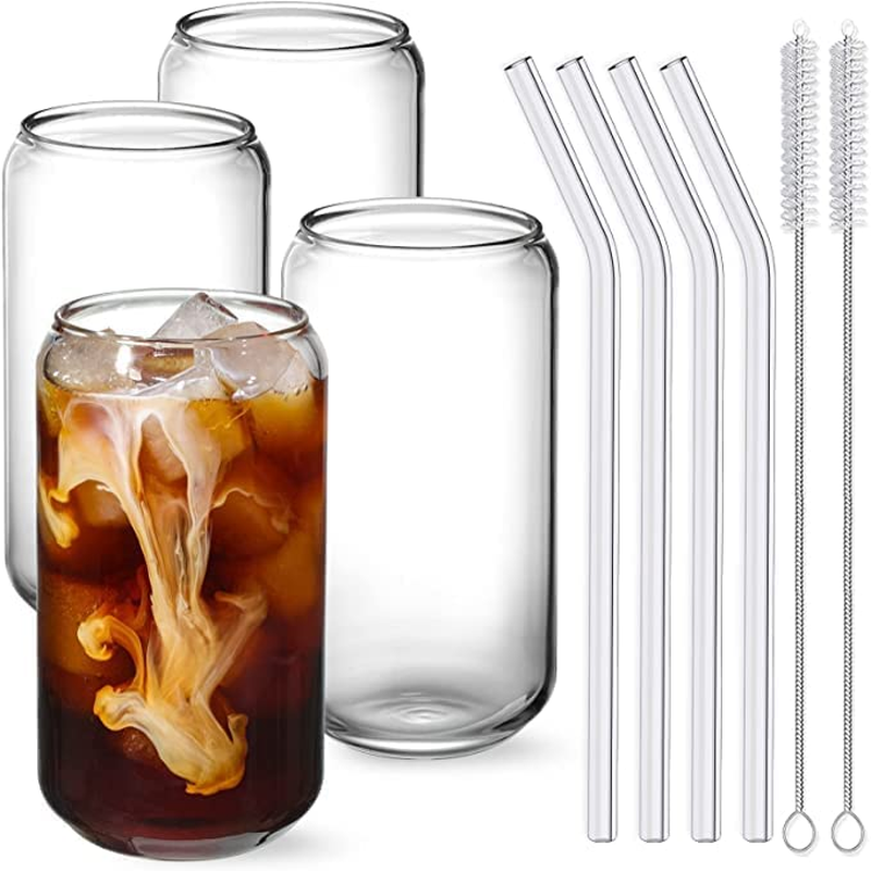 Drinking Glasses with Glass Straw 2Pcs Set - 16Oz Can Shaped Glass Cups, Beer Glasses, Iced Coffee Glasses, Cute Tumbler Cup, Ideal for Whiskey,Tea， Soda,Water, Gift - Cleaning Brushes (Two Packs)