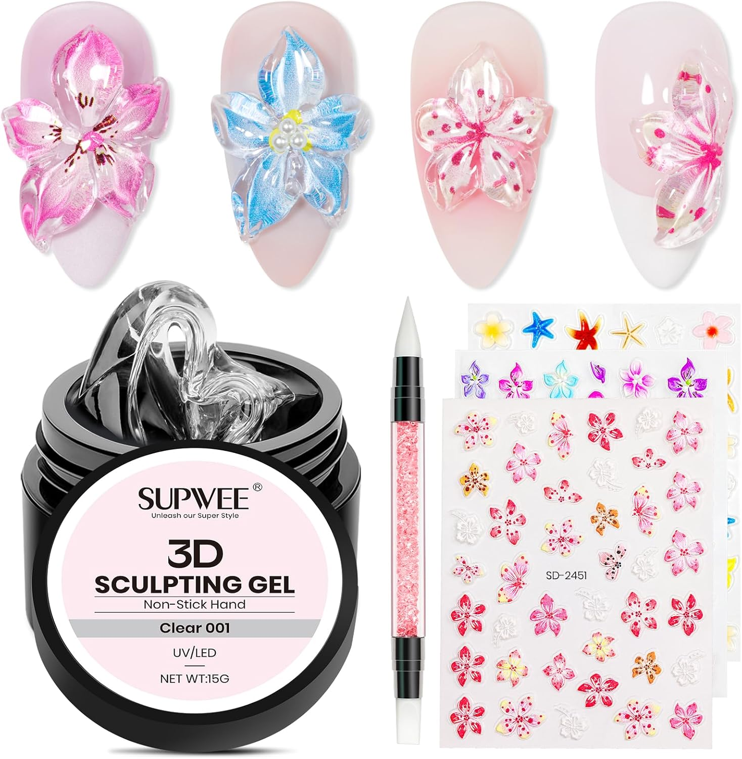 3D Nail Gel Clear Nail Sculpting Gel Non-Sticky Hand 3D Gels for Nail Art with Silicone Pen Sculpting 3D Modeling Manicures Salon Home DIY 15G