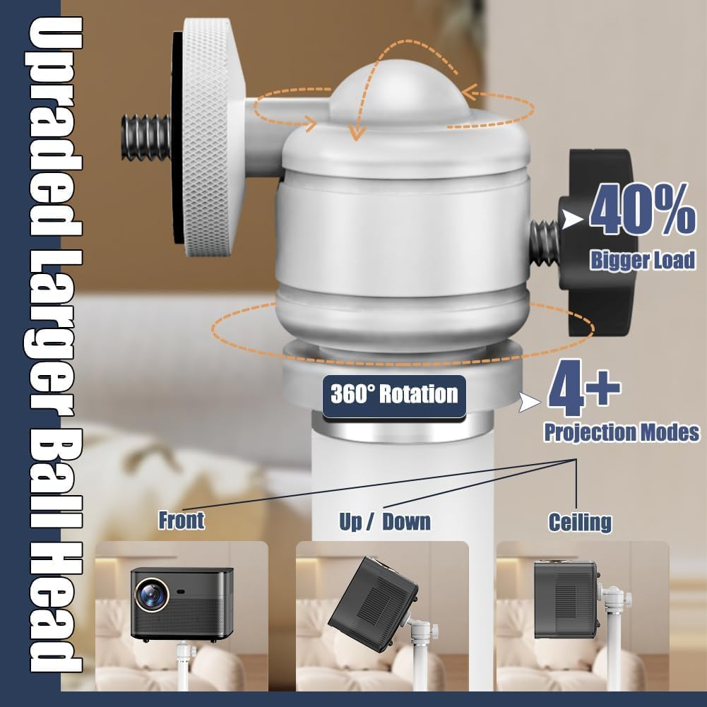 2-Be-Best Projector Mount Stand Upgraded Large Ball Head Projector Floor Stand Adjustable Height 36-63In / 92-162Cm Universal Projector Stand for Bed Sofa Compatible with HAPPRUN Anker XGIMI White - Black image number 6