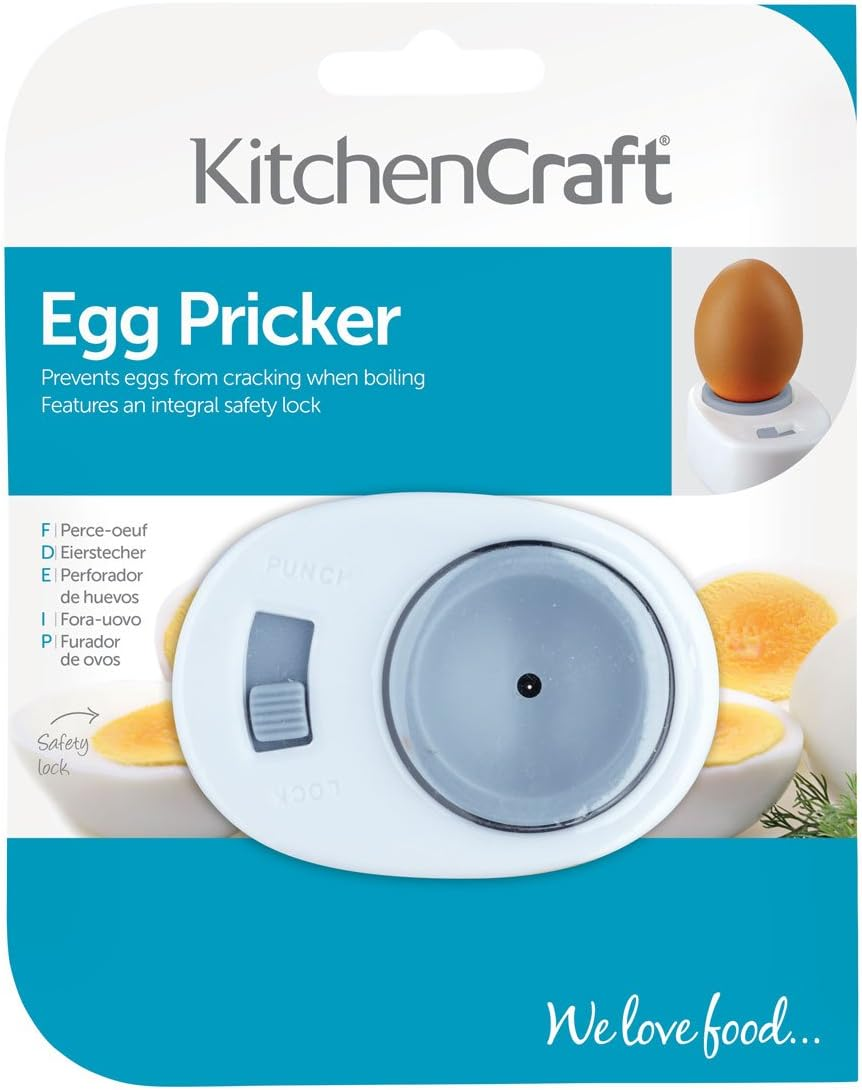 Kitchencraft Egg Pricker with Built-In Safety Lock, Plastic, White, 5.5 X 7.5 X 3 Cm