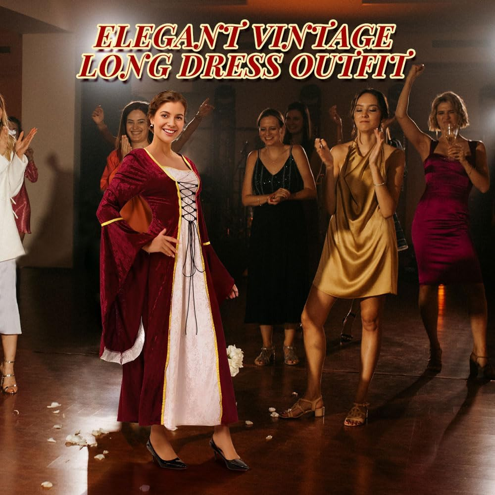 AUTOWT Medieval Gothic Renaissance Gown Dress Costume, Velvet Witch Wench Irish Victorian Trumpet Sleeve Costumes for Women Adult Halloween Cosplay Dress up Party image number 5