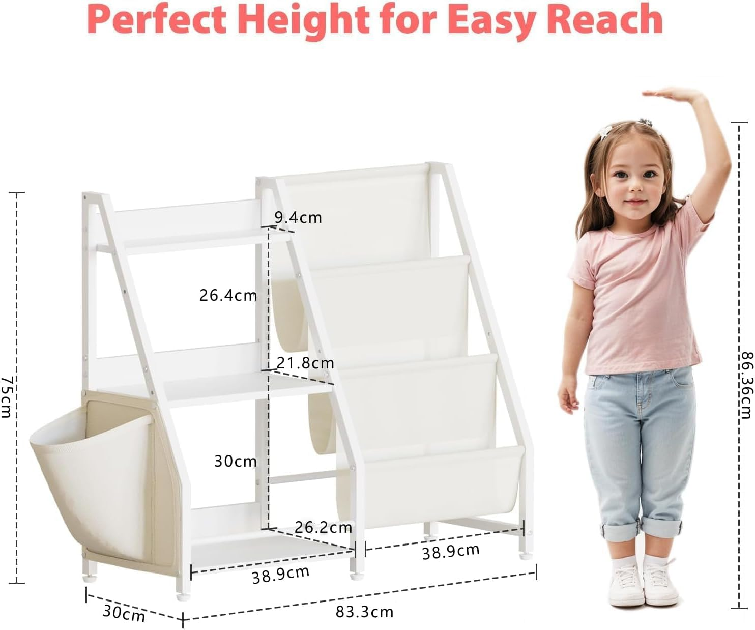 Kids Bookshelf & Toy Organizer, 85Cm Wide 3-Tier Montessori Storage System with Book Sling and Toy Storage Organizer (White) image number 3