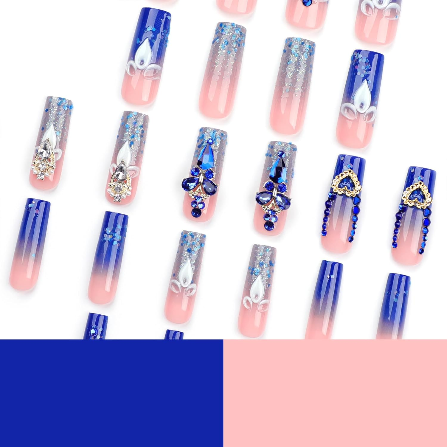 QQPPOLIU Royal Blue Press on Nails Long Square Acrylic False Nails with Rhinestones Designs 24Pcs image number 4