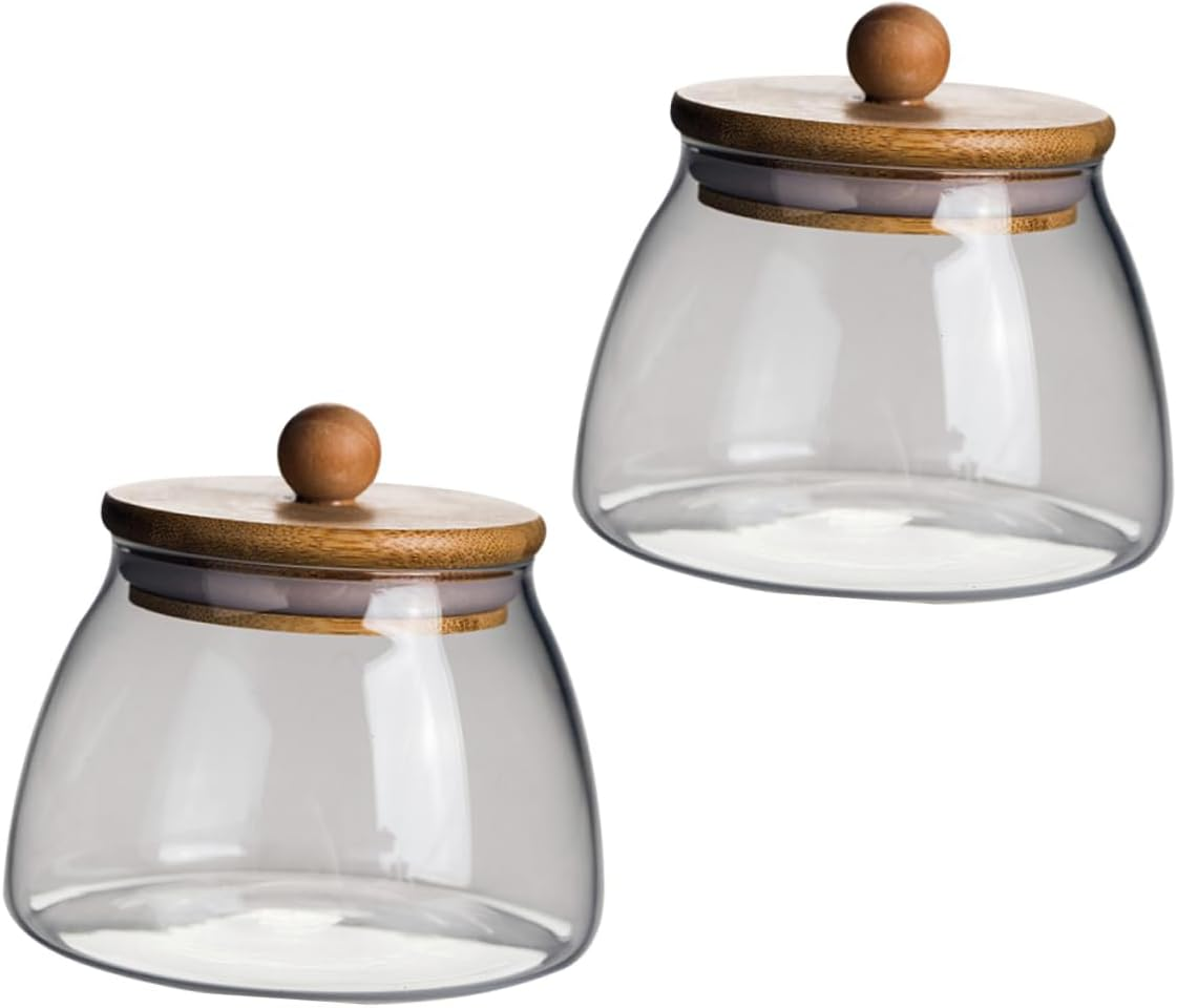LABRIMP 2Pcs Transparent Glass Candy Storage Jars Bamboo Lids Wedding Sweets Containers Versatile Sealing Jars for Home and Bakery Use