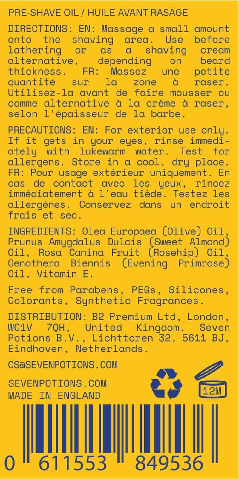 Seven Potions Pre Shave Oil for Men 30Ml for Sensitive Skin, Prevents Irritation. Close Shave with a Premium Organic Shave Oil. 100 Natural. Reduces Nicks & Cuts. Lubricates & Protects Face image number 1