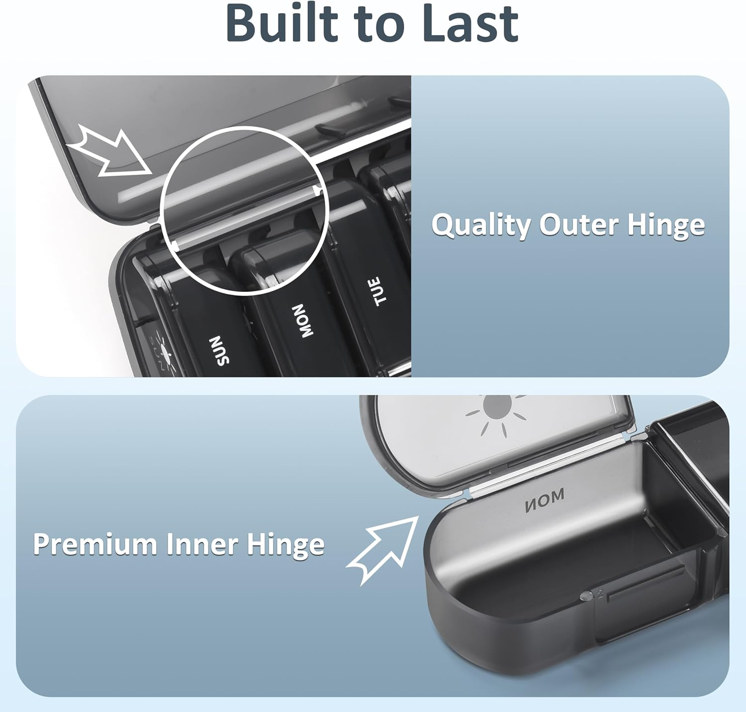 Fullicon Extra Large AM PM Pill Organiser 7 Day &ndash; Weekly Pill Box 2 Times a Day, Travel Medicine Container, Vitamin & Supplement Dispenser, Jumbo Dosette Case for Purse or Handbag (Black) - Black image number 2