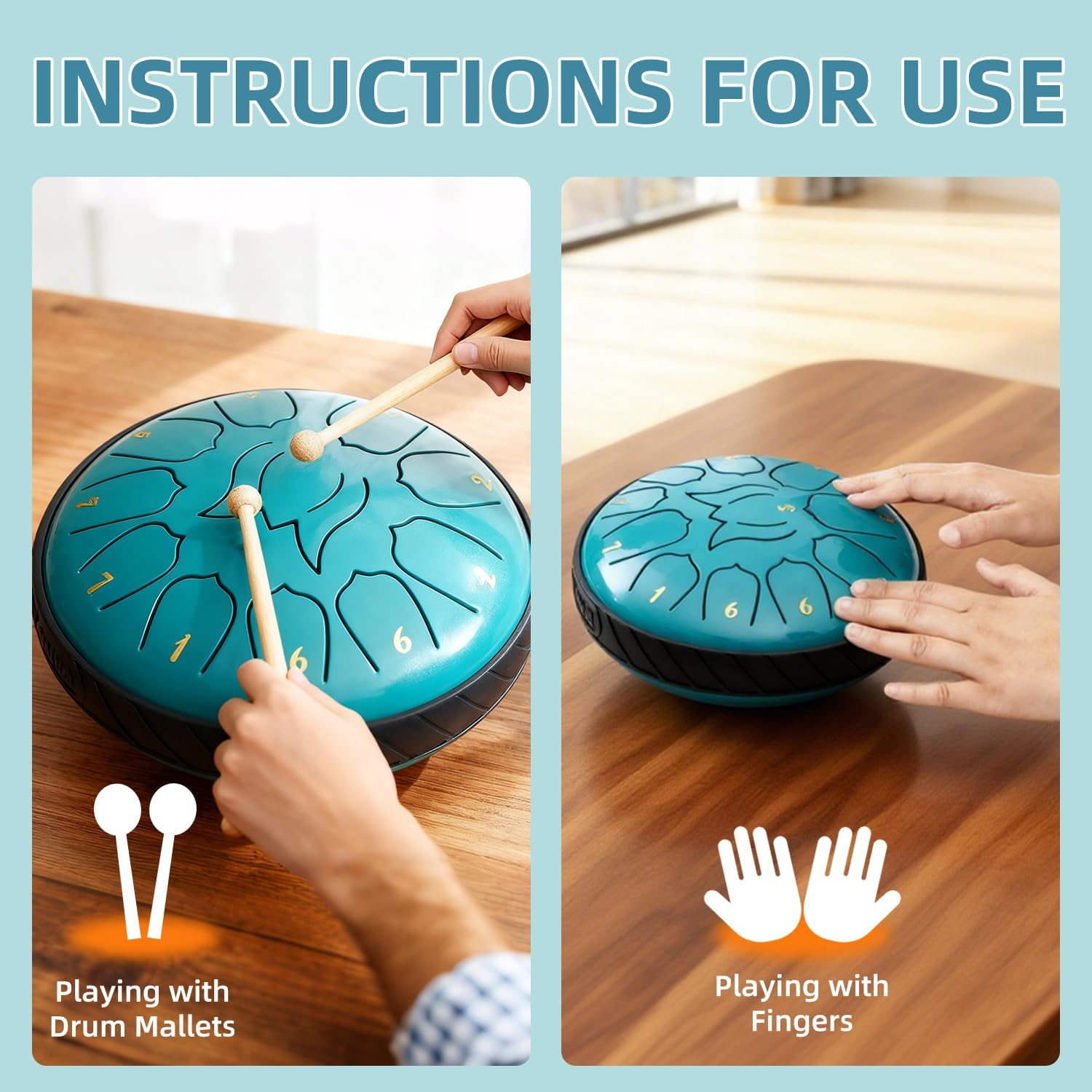 Yazoni Rain Drums 6 Inch 11 Notes - Steel Tongue Drum with Music Book, Hand Drum Mallets, Finger Picks and Carrybag, Rain Chime for Adults Entertainment, Musical Education, Yoga, outside the Garden image number 5