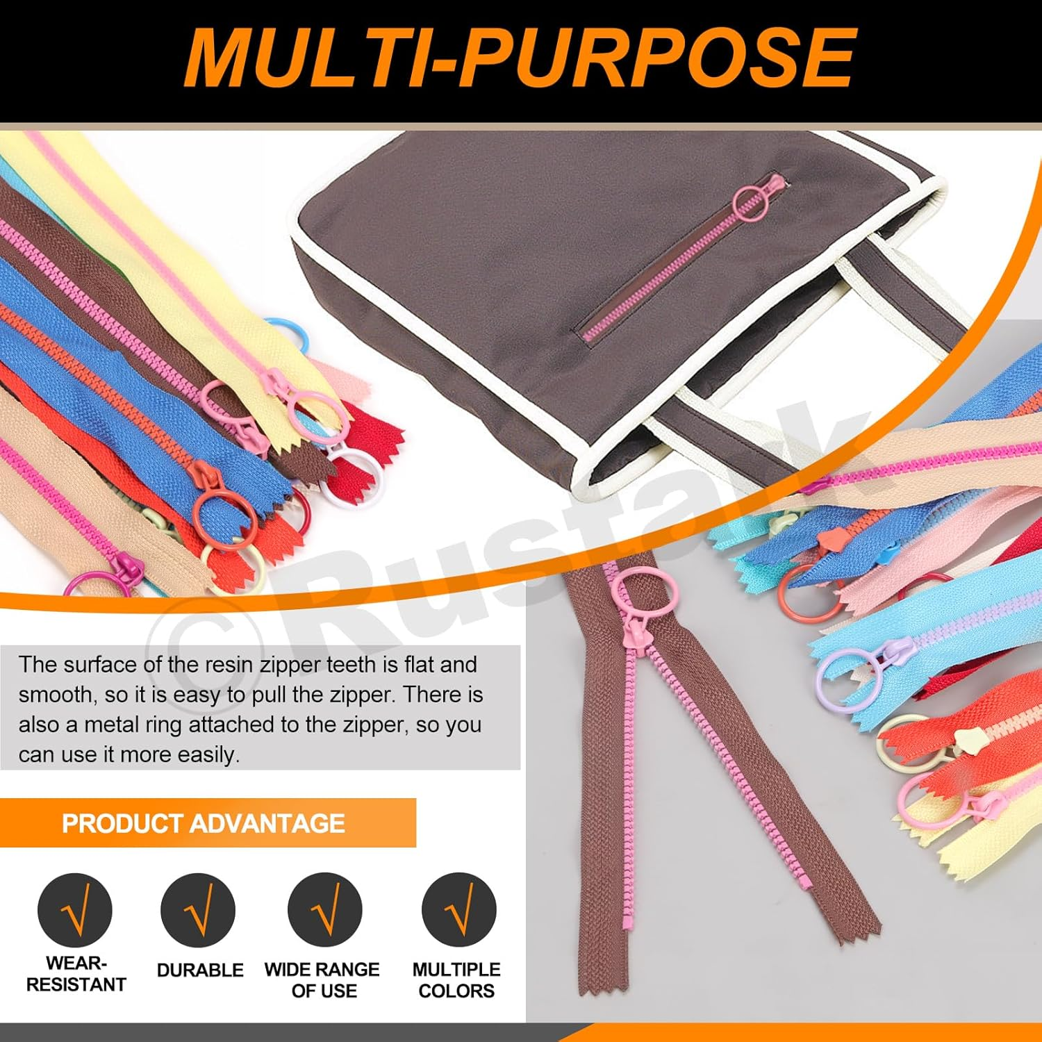 Rustark 12Pcs 6Inch/15Cm 10 Colors Nylon Resin Zipper Assortment Kit with Scissor Ruler Zippers with Lifting Ring Pull Resin Zipper Nylon Plastic Zippers Coil Zipper for DIY Sewing Craft Bags Clothing image number 4