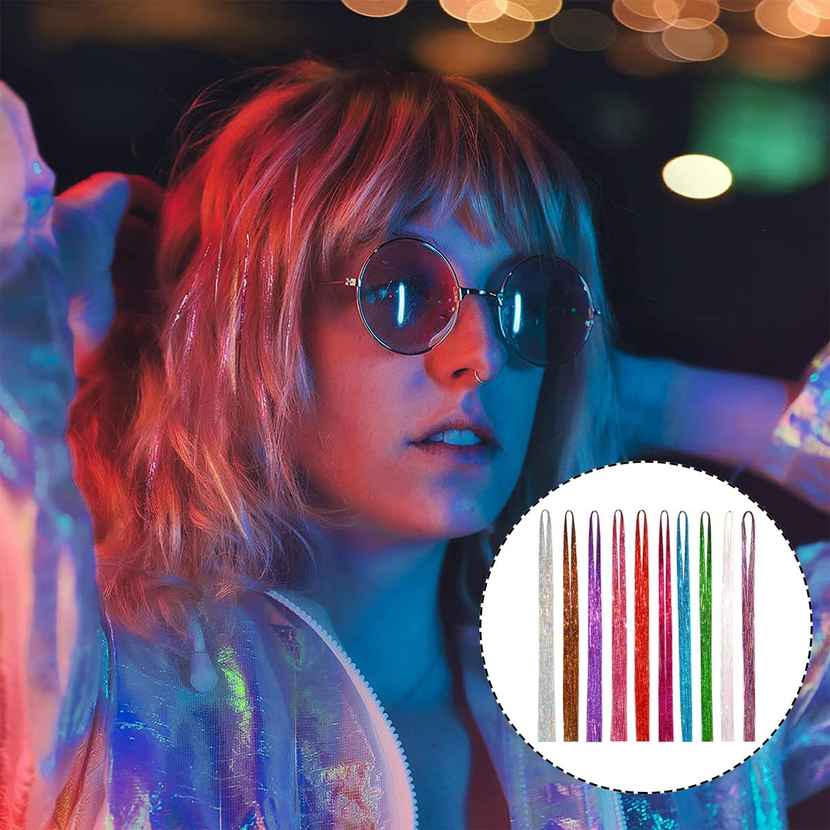 Hair Tinsel, 10 Colors Sparkling Fairy Hair Tinsel Strands for Party Styling (36 Inch - 150 Strands/Color) image number 2