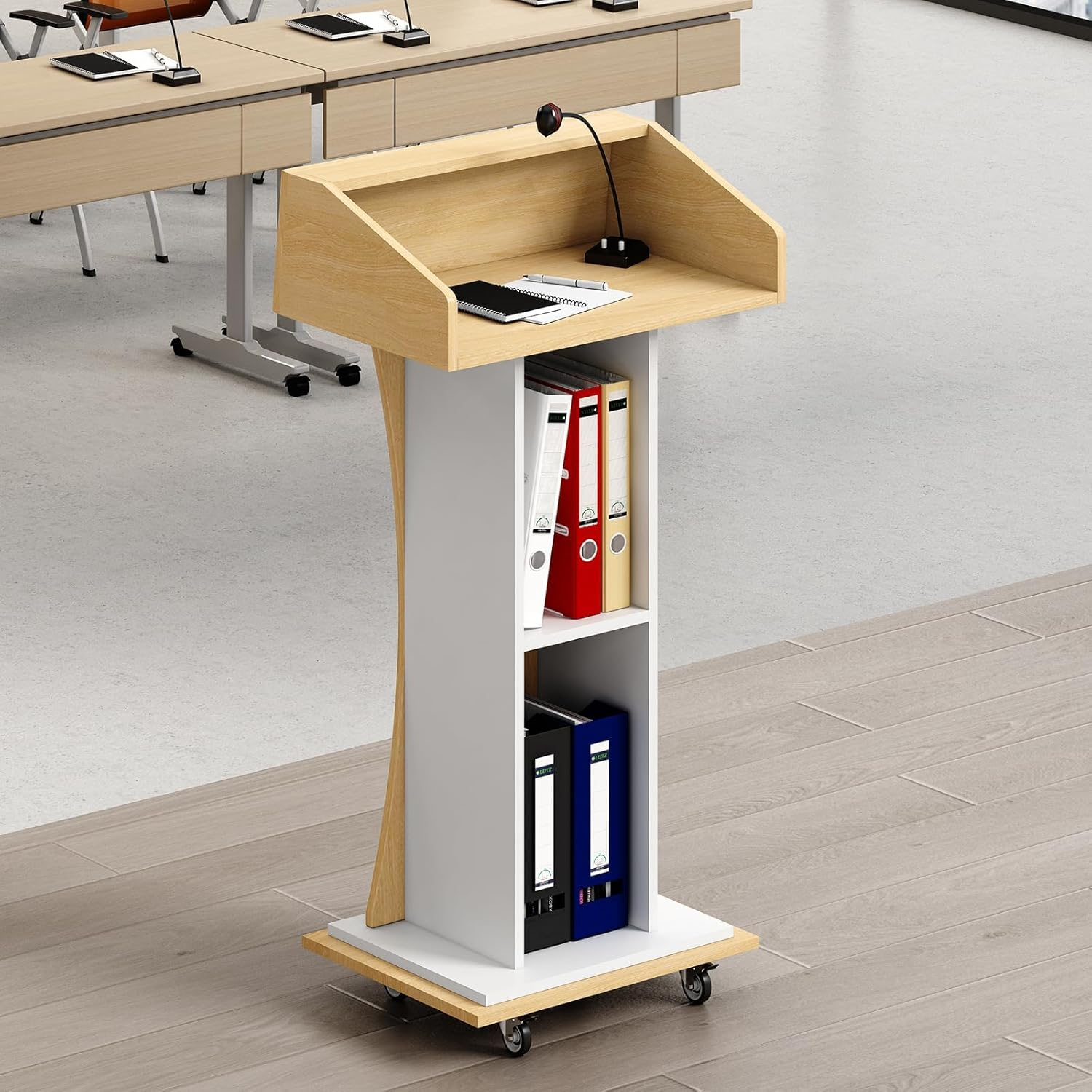 Xibolai Mobile Wooden Podium Stand with Wheels Lectern 16MM Wood Board Elegant Design with Storage Wooden Pulpit image number 1