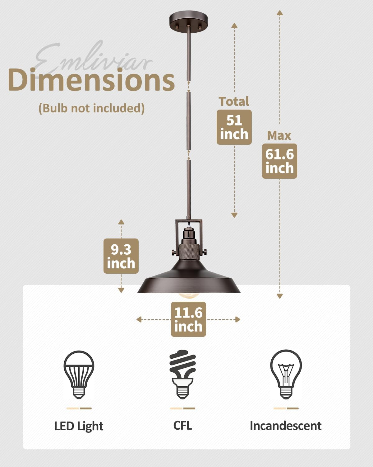 EMLIVIAR 2 Pack Farmhouse Hanging Lamps, 11.6" Pendant Lighting Fixtures with Dome Metal Shade for Kitchen Bedroom, Oil Rubbed Bronze Finish, AUJX18-MIL-2PK ORB