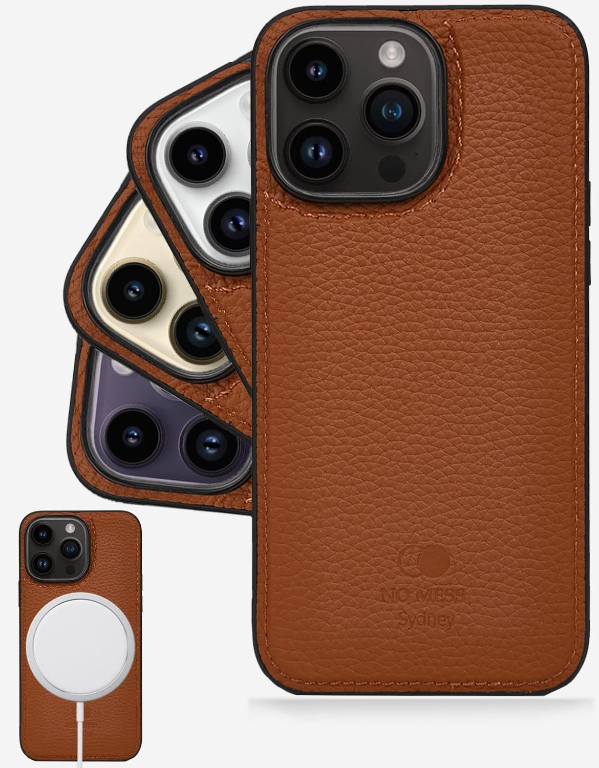 NO MESS Sydney Iphone 14 Pro Max Genuine Pebbled Leather Case Compatible with Magsafe，Mobile Phone Case Handcrafted,Slim Back Cover (Black)