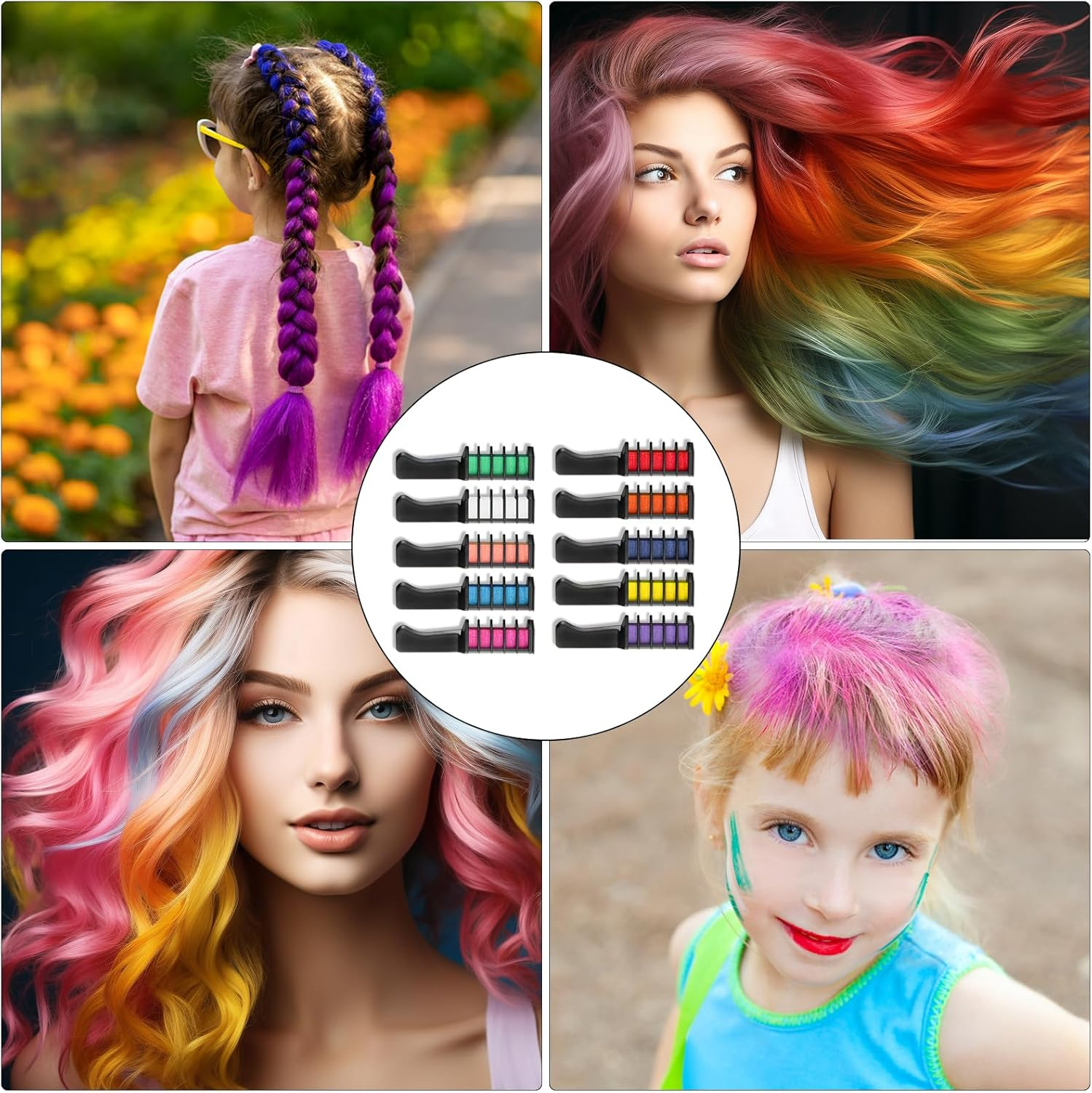 Hair Chalk Comb, Temporary Hair Colour Comb, Non-Toxic Hair Chalk for Girls, Hair Chalk, Glitter Tattoos Set for Carnival, Cosplay, Party, Christmas, Halloween, Pack of 10 image number 2