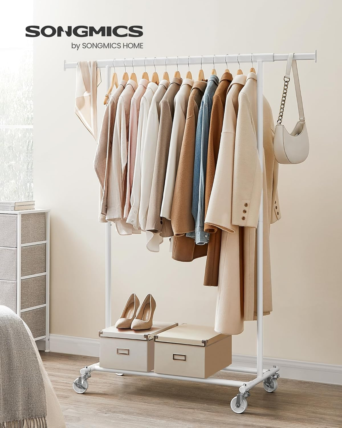 SONGMICS Clothes Rack on Wheels, Heavy Duty Clothes Rail, 45 X (92-132) X 161.5 Cm, with Extendable Hanging Rail, 100 Kg Load Capacity, Easy Assembly, Portable, White HSR013W01 image number 6