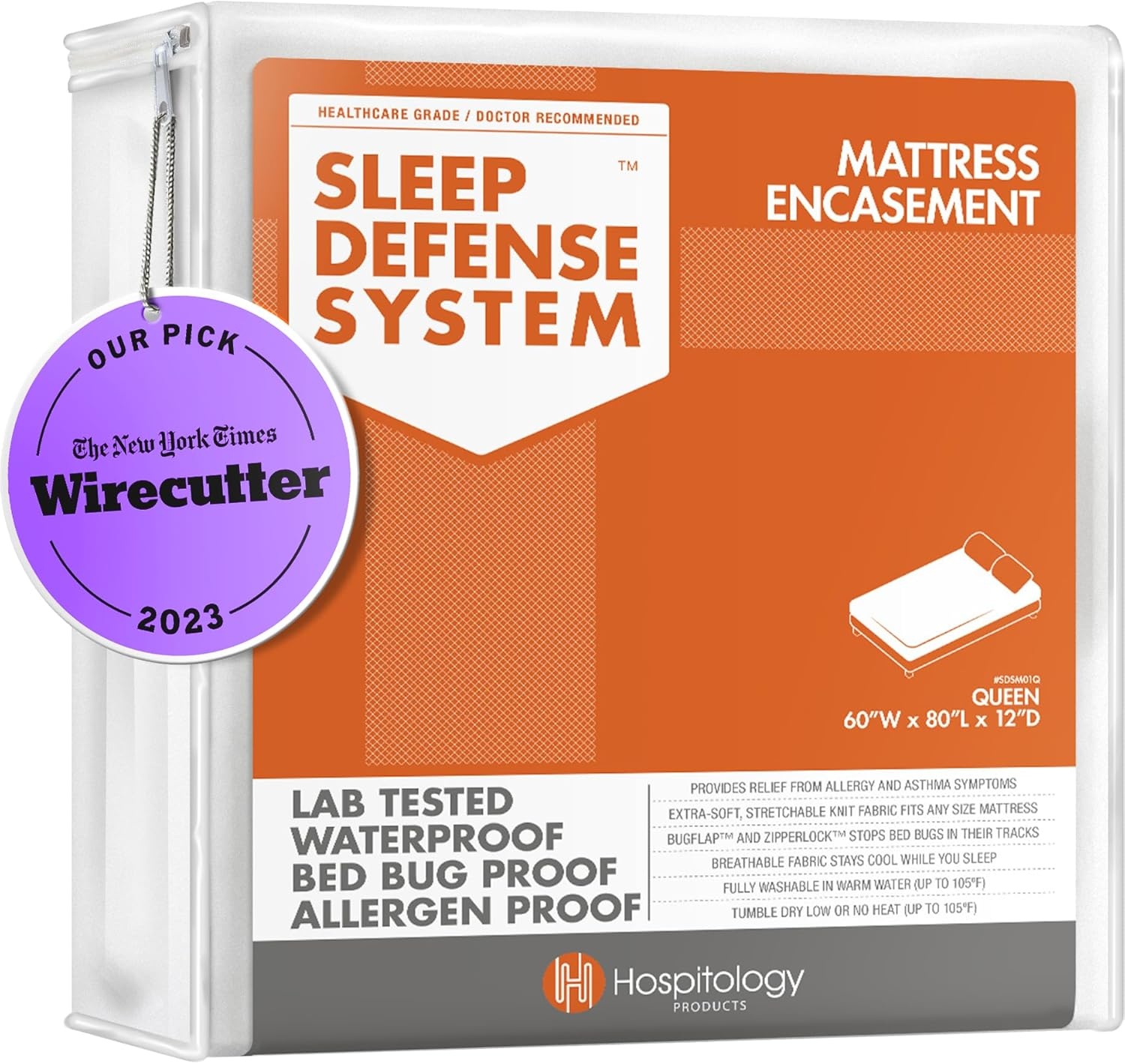 HOSPITOLOGY PRODUCTS Mattress Encasement - Zippered Bed Bug Dust Mite Proof Hypoallergenic - Sleep Defense System - Queen - Waterproof - Stretchable - Standard 12" Depth - 60" W X 80" L image number 1
