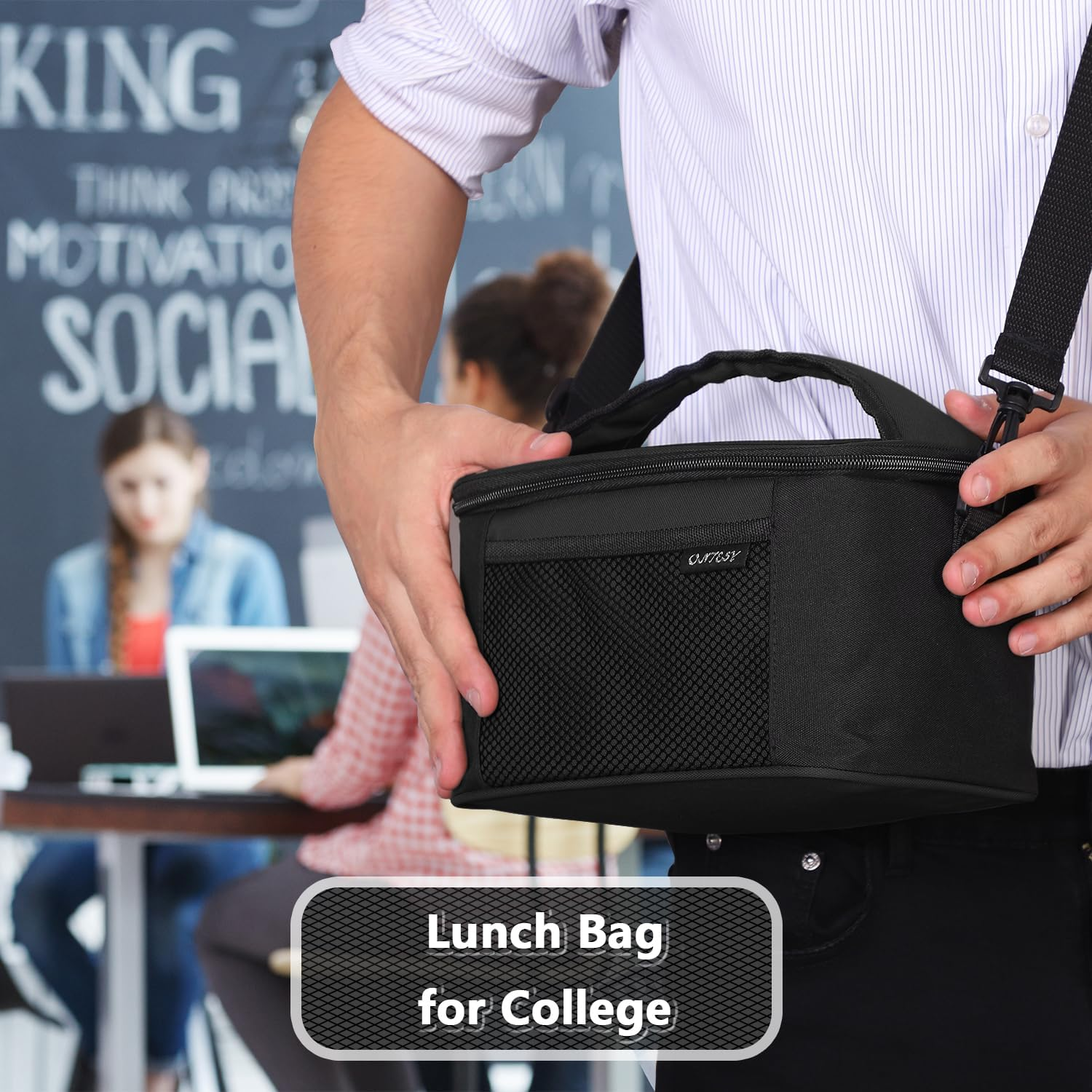 ONTESY Black Lunch Box for Men Women, Solid Color Insulated Bag for Work School Picnic Foldable Medium Size Leakproof Cooler for Kids Boys Girls with Adjustable Shoulder Strap for - 7.2L - Black image number 5