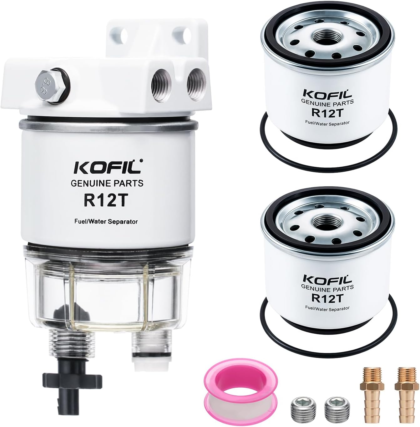 R12T Fuel Water Separator Marine Fuel Filter/Water Separator Assembly, for Outboard Motor Marine Engine, Replaces# S3240 120AT with 2 3/8" Barb &times; 1/4" NPT Male Fittings 2 Plugs,10 Micron