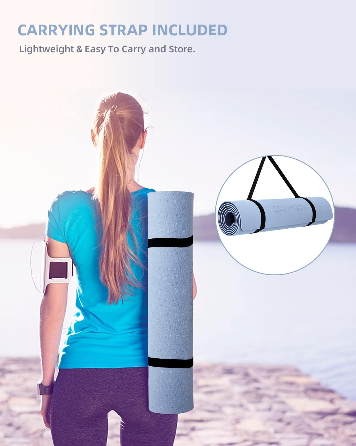 COOLMOON 1/4 Inch Extra Thick Yoga Mat Double-Sided Non Slip,Yoga Mat for Women and Men,Fitness Mats with Carrying Strap,Eco Friendly TPE Yoga Mat, Pilates and Exercises Mat - Pink image number 2