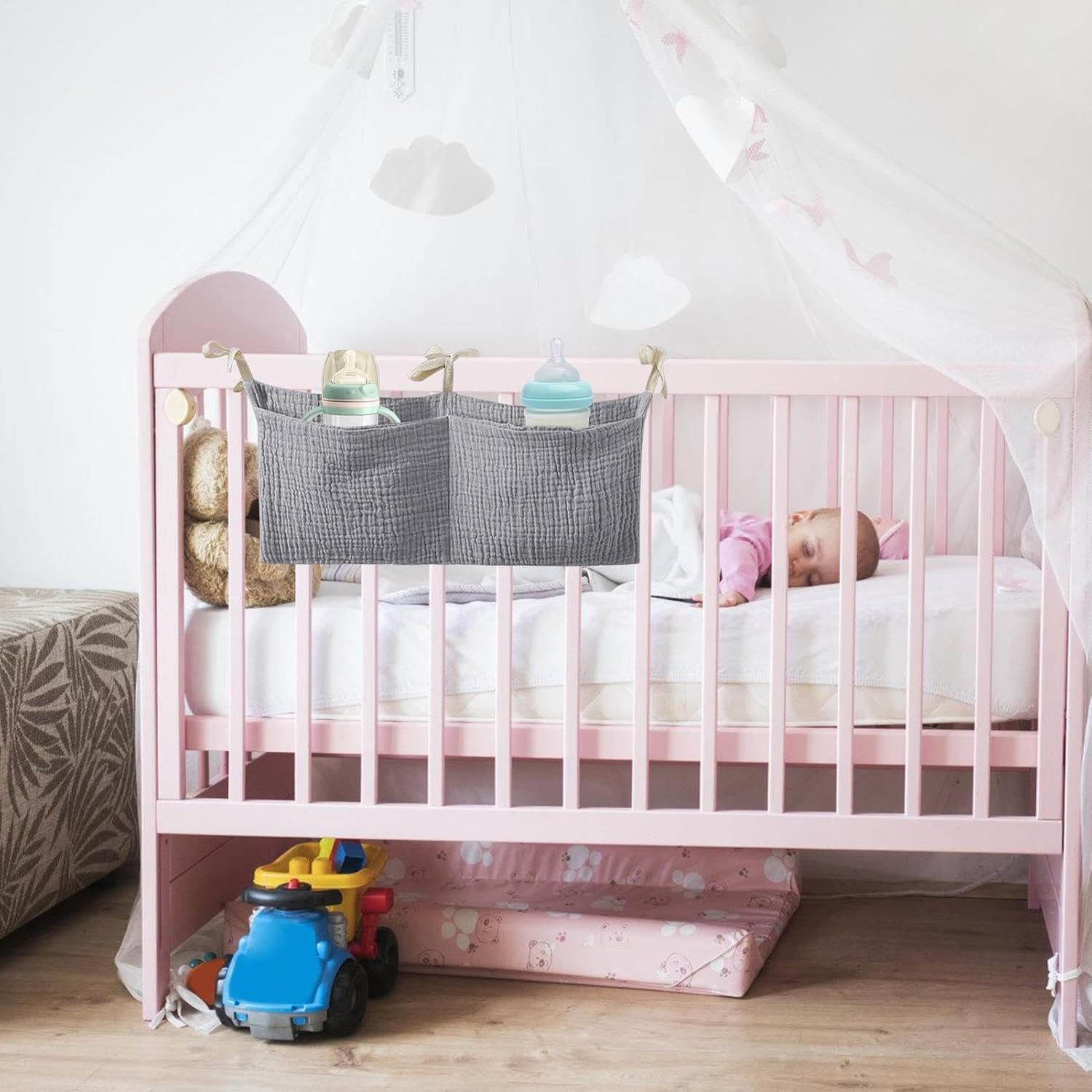 Crib Organizer for Crib | Portable Bedside Bag Diaper Nursery Organizer,Cotton Organizing Bag with 2 Pockets Multiple-Use Baby Bedding for Feeding Bottle image number 6