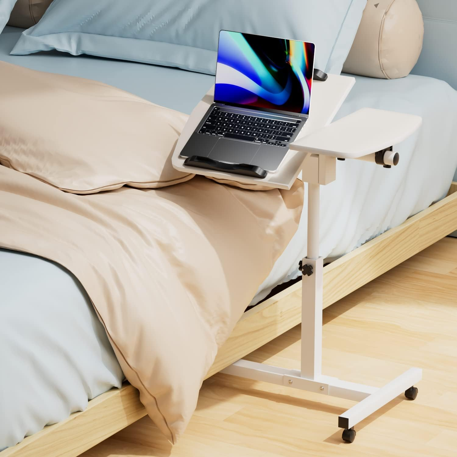 Mobile Overbed Table with Wheels, Lifting and Rotating Laptop Desk, Height Adjustable Mobile Standing Desk, Bedside Table for Home Office, Laptop Computer Desk with Tray for Work Study Reading - White image number 4