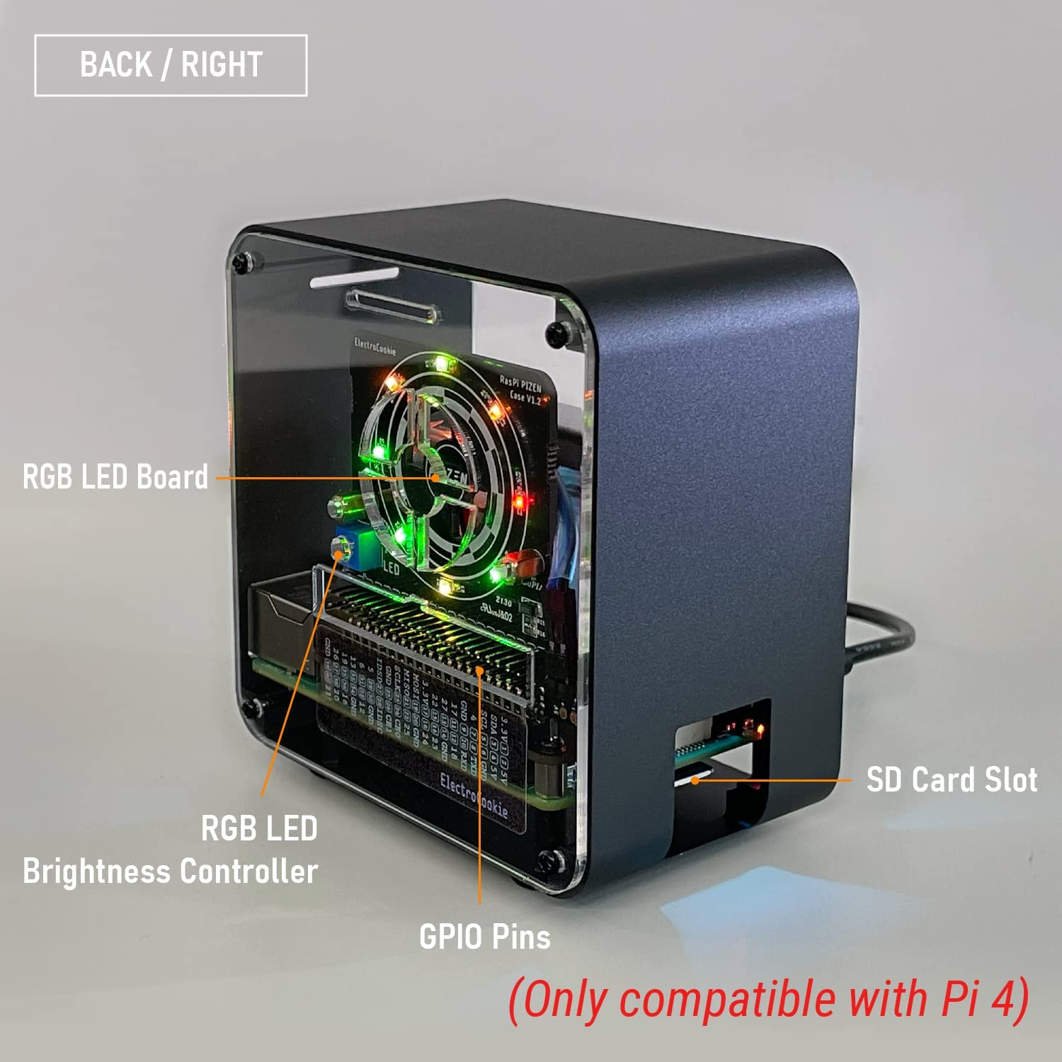 Electrocookie Raspberry Pi 4 Case, Aluminum Mini Tower Case with Dual Power Cooler and Color Changing Ambient Light (Matte Black) image number 5