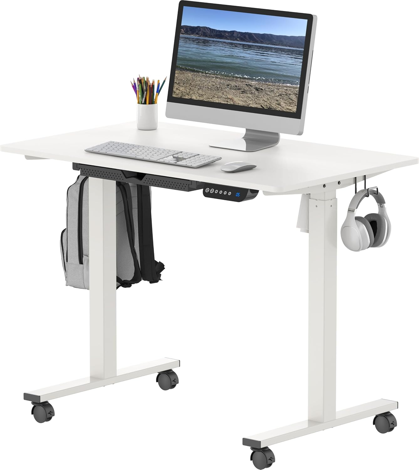 SHW 100 X 60 Cm Mobile Electric Standing Desk, Height Adjustable with Drawer, Hanging Hooks and Cable Management, White - White image number 2