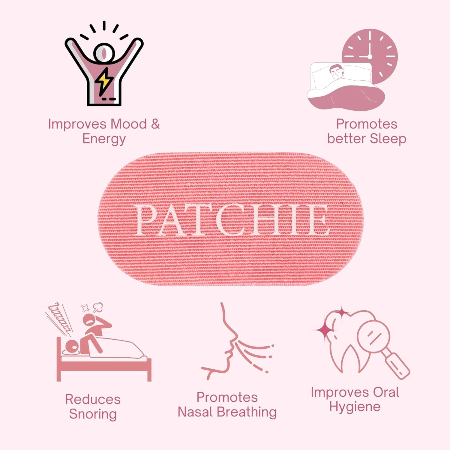 Mouth Tape for Sleeping Bundle - 30 Mouth Tape Strips + 5 Nasal Strips for Sleeping, Sleep Better Kit, Breathable Gentle Mouth Tape, Hypoallergenic Mouth Tape for Snore Relief (Pink). PATCHIE by A.D EST. 2021 - Pink image number 4