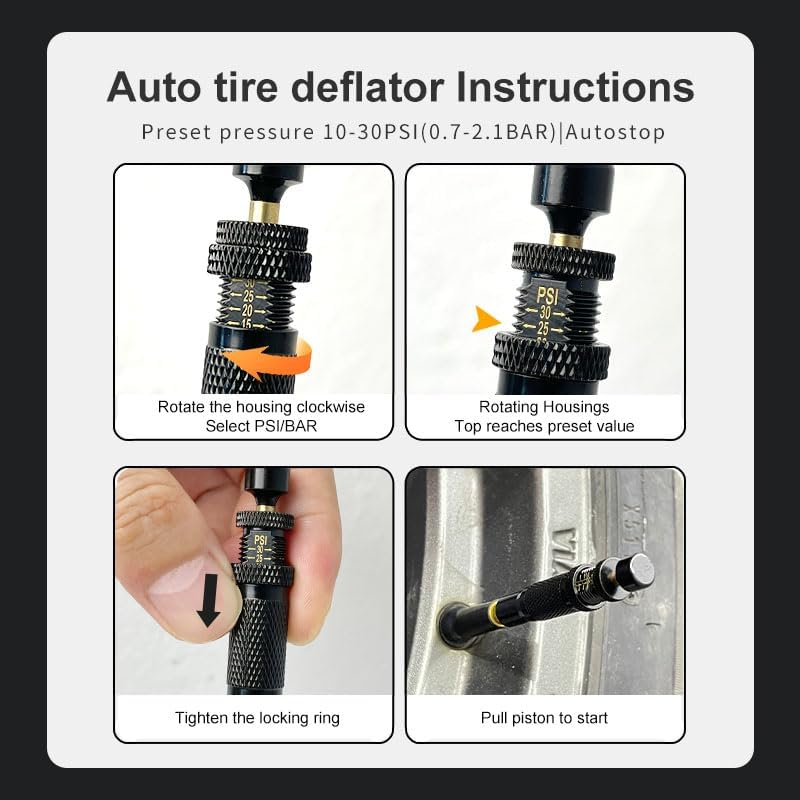 Automatic Tire Deflators Kit, 10-30 PSI / 0.7-2.1BAR Switchable Tire Deflation Tool with 5 Valve Caps, Auto Stop Tire Air Deflator Valve Kit for Motorcycle, Car, Truck, SUV, RV, UTV image number 1