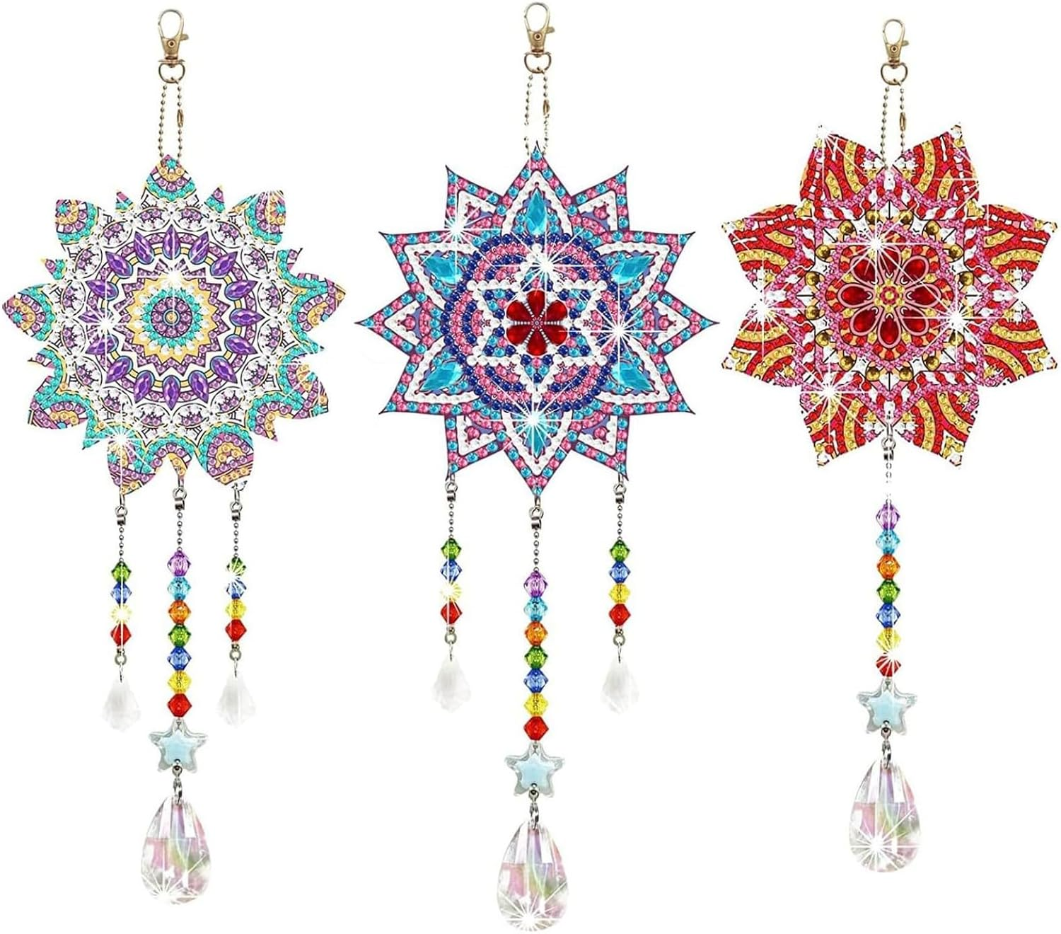 3 Pieces Diamond Painting Suncatcher Wind Chime Mandala Double Sided Crystal Gem Paint by Number Diamond Painting Hanging Ornament for Art DIY Window Home Garden (Classical)