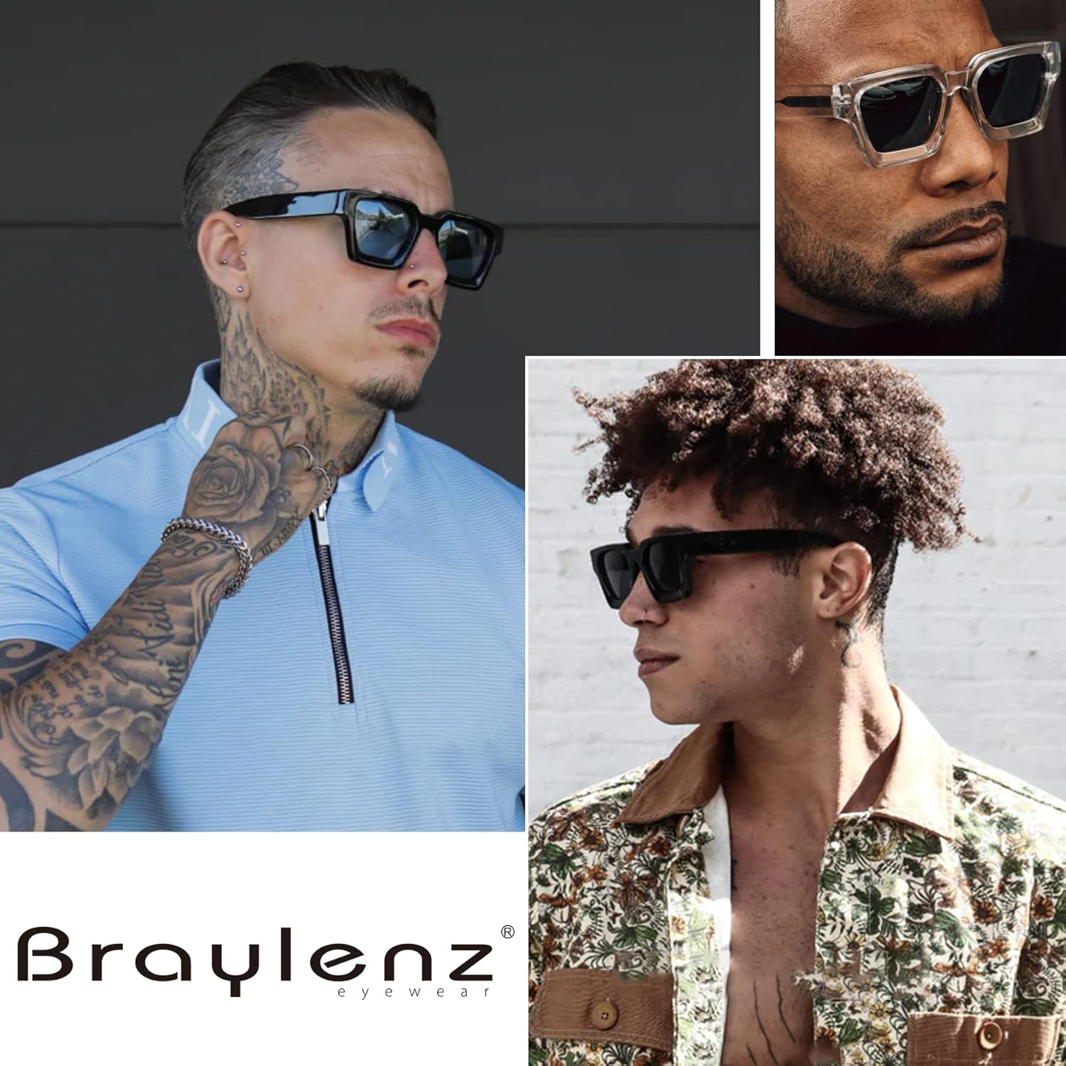 Braylenz Retro Square Sunglasses for Men Women Thick Frame Chunky Rectangle Shades image number 2