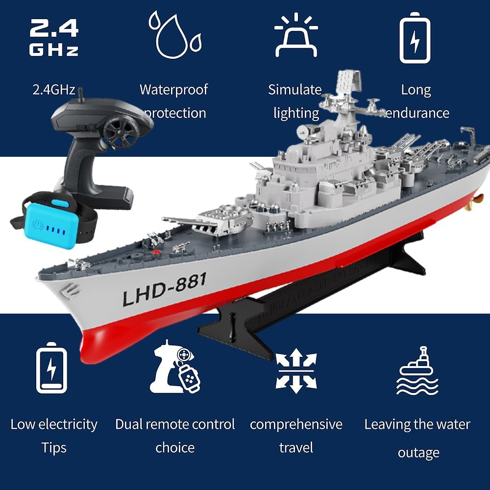 23.6" Inch Remote Controlled Warship Battleship10Km/H 4WD 2.4G RC Controlled Ship 1:390 Scale on Water Lakes Pools Exhibits Models image number 3